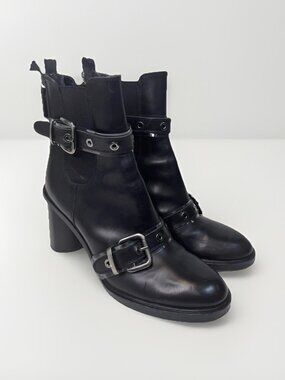 AGL Harness Buckle Ankle Boots Black Leather Womens Size 39 US 8 Biker Italy